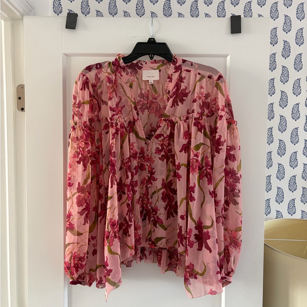 Cinq a Sept Pink Floral Sheer Balloon-Sleeve Blouse